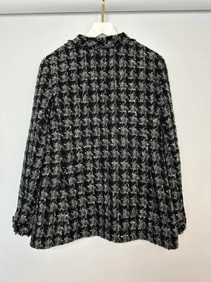 Chanel Black and Grey Tweed Large Houndstooth Jacket with Front Pockets and Black Leather Button Details, Size FR 38 (UK 10)