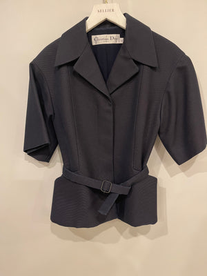 Christian Dior Navy Short-Sleeve Blazer Top With Belt Detail Size FR 34 (UK 6)