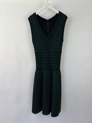 Alaia Green and Black Knit Sleeveless A-Line Midi Dress with V-Neckline and Pleated Skirt Size IT 40 (UK 8)