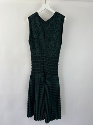 Alaia Green and Black Knit Sleeveless A-Line Midi Dress with V-Neckline and Pleated Skirt Size IT 40 (UK 8)