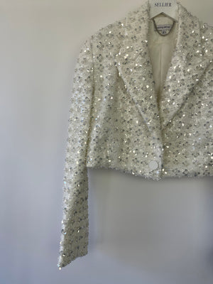 Nadine Merabi Clara White Embellished Blazer and Skirt Set with Feather Detail Size S (UK 8)