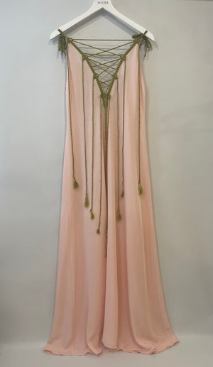 My Beachy Side Baby Pink Maxi Dress with Green Rope Details Size S (UK 8)