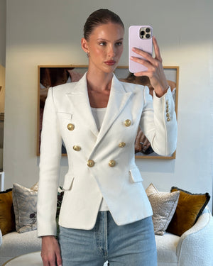 Balmain White Tweed Blazer Jacket with Gold Button Details Size FR 34 (UK 6)