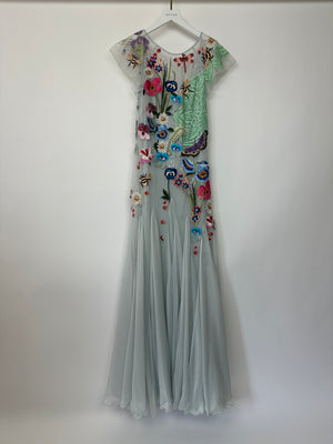 Temperley London Aura Light Blue Embroidered Lace Tulle & Georgette Gown Dress UK 10