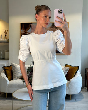 Celine White Cotton Poplin Short Sleeve Shirt With Ruching Detail Size FR 40 (UK 12)