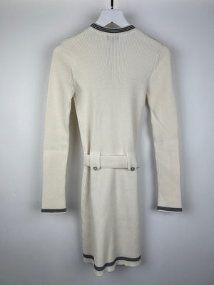 Chanel 22C Cream Knit Long Sleeve Mini Dress with Black Detail and Pearl Logo Buttons Size FR 34 (UK 6) RRP £2450