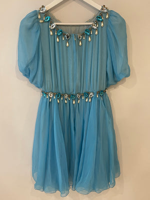 Dolce & Gabbana Light Blue Silk Mini Dress with Crystal and Pearl Pendants Size IT 42 (UK 10)