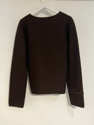 Chanel 99/A Brown V Neck Knitted Jumper with Gold Stitch Detail FR 38 (UK 10)