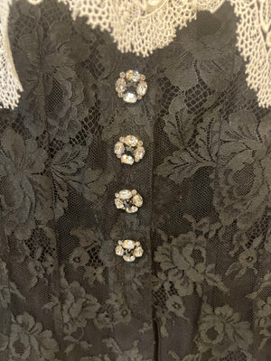 Dolce & Gabbana Black Mesh Long-Sleeve White Lace and Silk Collar Corset Top with Crystal Button Details Size IT 40 (UK 8)