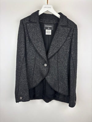 Chanel Black Coated Tweed Curved Hem Jacket with Silver CC Button Detail FR 36 (UK 8)