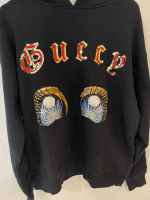 Gucci Black Sequin Embellished Hooded Sweater with Guccy Logo Size S (UK 8)