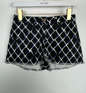 Chanel Black Denim Mini Shorts with Quilted Print in Blue & White with Anchor Button Detail Size FR 34 (UK 6)