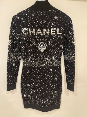 Chanel 2021 Coco Neige Black Wool Long Sleeve Mini Dress with CC Logo Buttons and Back Logo Detail Size FR 34 (UK 6)