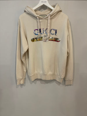 Gucci Cream Hoodie With Embroidered 'GUCCI' in Rainbow Colour Detail Size XS (UK 6)