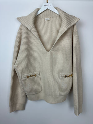 Celine Cream Cashmere Knitted Jumper with Gold Horse-bit Details Size S (UK 8)