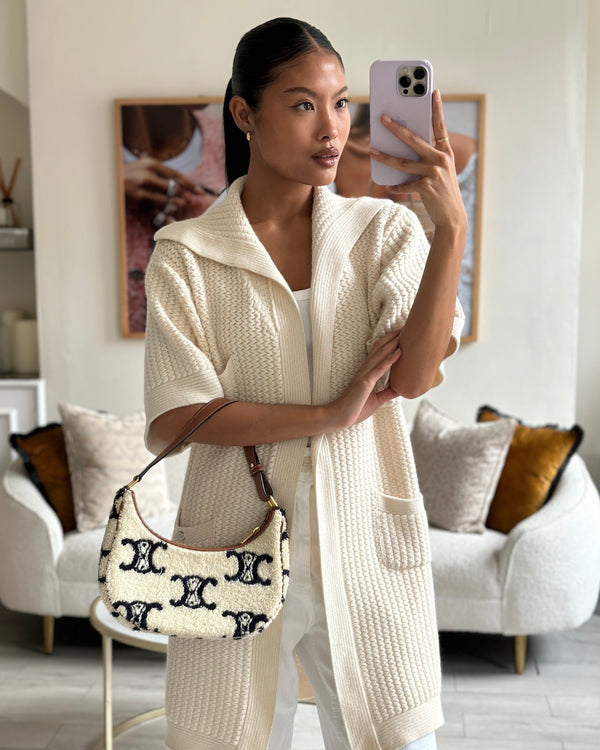 Celine Cream Ava Bag in Shearling with Brown Leather Strap and Gold Hardware Bag