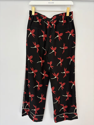 Valentino Black Silk Shirt and Trousers Set With Rust Floral Print and Yellow Embroidered Flower Detail Size IT 42 (UK 10)