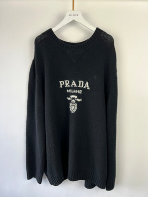 Prada Black Knitted Long Sleeve Oversized Jumper with Logo Detail IT 50 (UK 18)