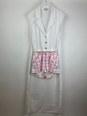 *HOT* Chanel Resort 2023 White Shirt Playsuit with Checked Pink Detachable Shorts & Long Train Detail Size FR 34 (UK 6)