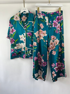 Olivia Von Halle Teal Floral Two-Piece Shirt and Trouser Set Size 2 (UK 10)