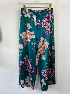 Olivia Von Halle Teal Floral Two-Piece Shirt and Trouser Set Size 2 (UK 10)