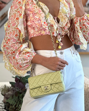 Chanel Pastel Lime Green Mini Rectangular Classic Flap Bag in Lambskin Leather with Champagne Gold Hardware