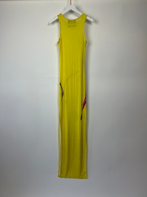 Louisa Ballou Yellow Sleeveless Maxi Dress with Pink Flower Detail Size XS (UK 6)