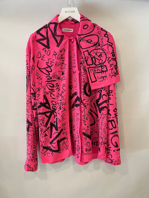 Balenciaga Hot Pink Logo Printed Asymmetric Shirt Size FR 38 (UK 10)