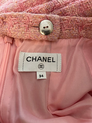 Chanel Pink Tweed Jacket and Midi Skirt Set with Ceramic CC Logo Buttons Size FR 34 (UK 6)