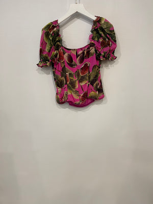 Dolce & Gabbana Pink Fig Printed Silk Corset Top with Puffy Sleeves Size IT 42 (UK 10) RRP £1,050