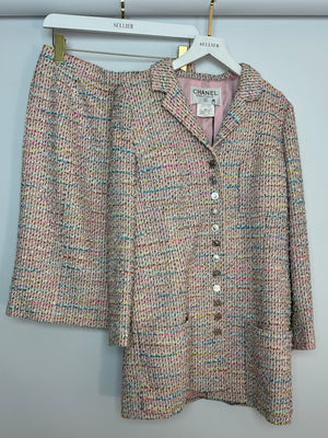 Chanel 96P Pink and Multicolour Tweed Jacket and Skirt Set Silk Two-Piece Top and Skirt Set Size FR 42 (UK 14)