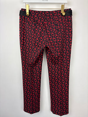 Prada Black & Red Repeating Motif Trousers with Satin Belt and Gold Button Detail Size 42 (UK 10)