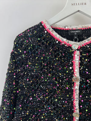 *SUPER HOT* Chanel 24 Black & Multicolour Sequin Cardigan with Pink & White Threads and CC Iridescent Logo Buttons Detail Size FR 36 (UK 8) RRP £5400