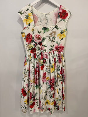 Dolce & Gabbana White Cotton Floral Printed Midi Sleeveless Dress Size IT 42 (UK 10)