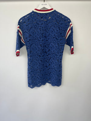 Gucci Blue Lace Top with Red & White Stripes & Butterfly Embroidery Detail Size M IT 42 (UK 10)