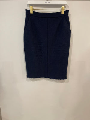 Chanel 08A Navy Tweed Jacket and Midi Skirt Set with Silver CC Logo Details Size FR 42 (UK 14)