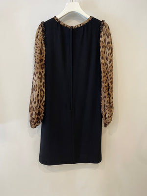 Dolce & Gabbana Black Dress with Leopard Silk Sleeves and Collar Size IT 42 (UK 10) RRP £1,450