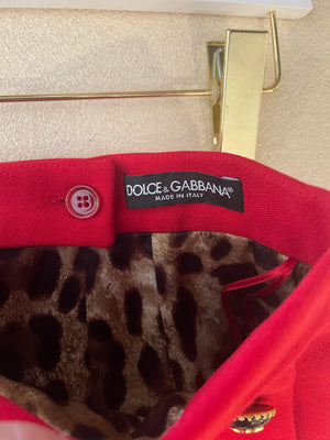 Dolce & Gabbana Red Wool Mini Skirt with Black and Gold Logo Buttons Size IT 38 (UK 6)