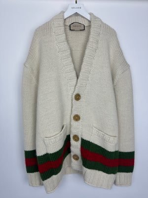 Gucci Cream Wool Cardigan with Green & Red Stripes Detail Size IT L (UK 40)