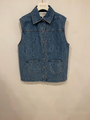 Chanel 23S Blue Denim Vest with CC, Camelia and Button Details Size FR 36 (UK 8)