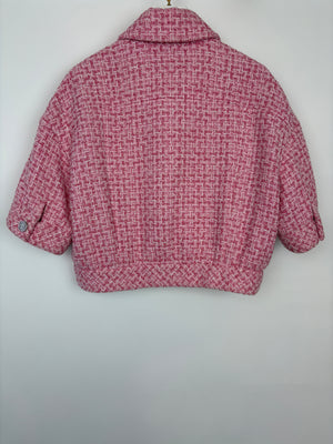 *HOT* Chanel 2023 Cropped Pink Short Sleeve Tweed Jacket with Silver CC Buttons Size FR 36 (UK 8)