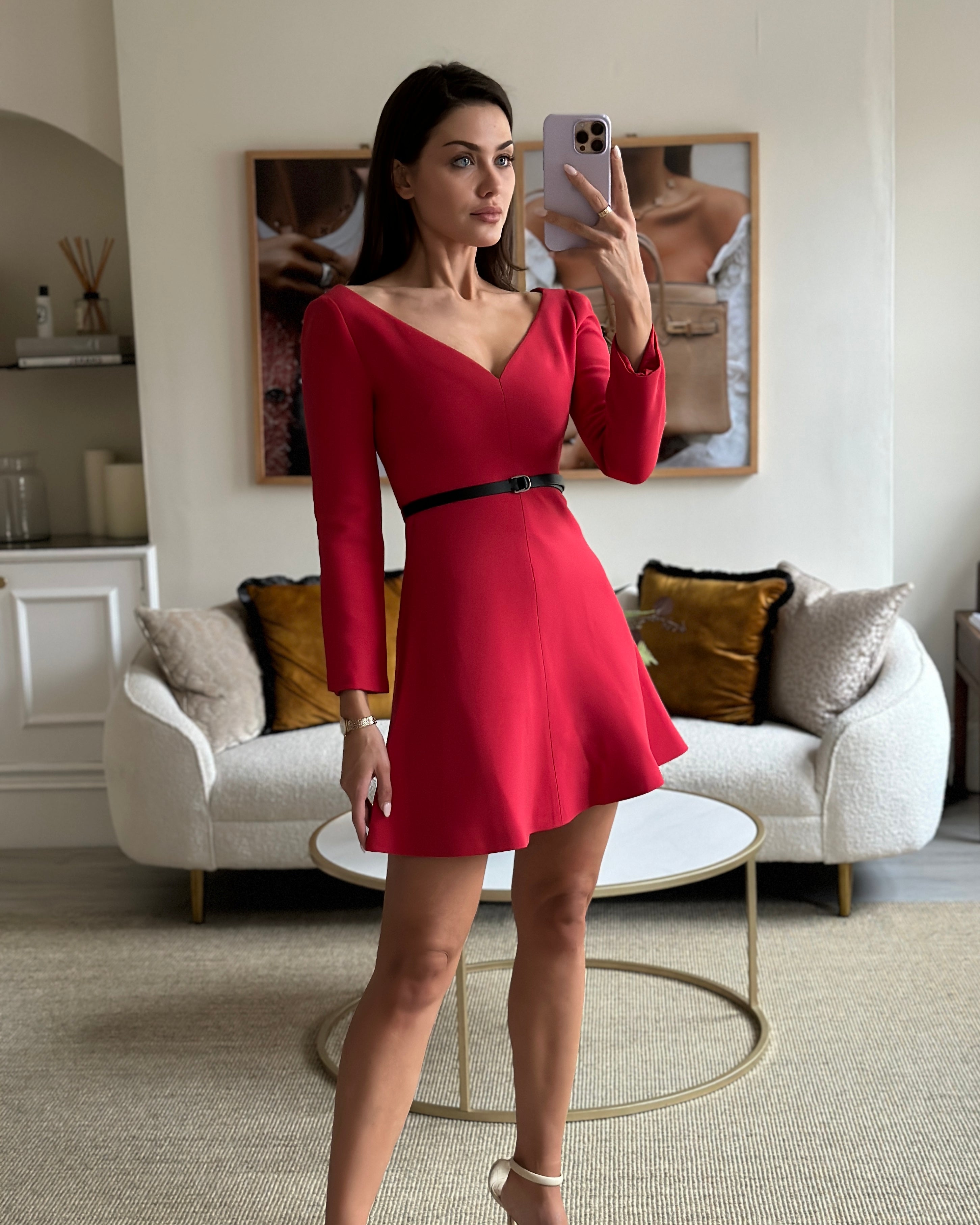 Christian Dior Red Sweetheart Neckline Long Sleeve Skater Dress with B Sellier