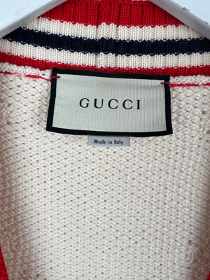 Gucci Cream, Red and Blue GG Knit Wool Blend Cardigan with Stripe Trim and Gold Buttons Size S (UK 8)