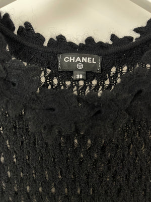 Chanel Black Wool Knit Short Sleeve Mini Dress With Knitted Flower Details FR 38 (UK 10)