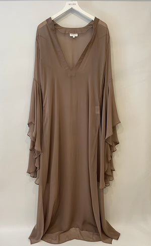 Alexandra Miro Beige Maxi Low Cut Shirt Dress with Flair Sleeves Size IT 40 (UK 8)