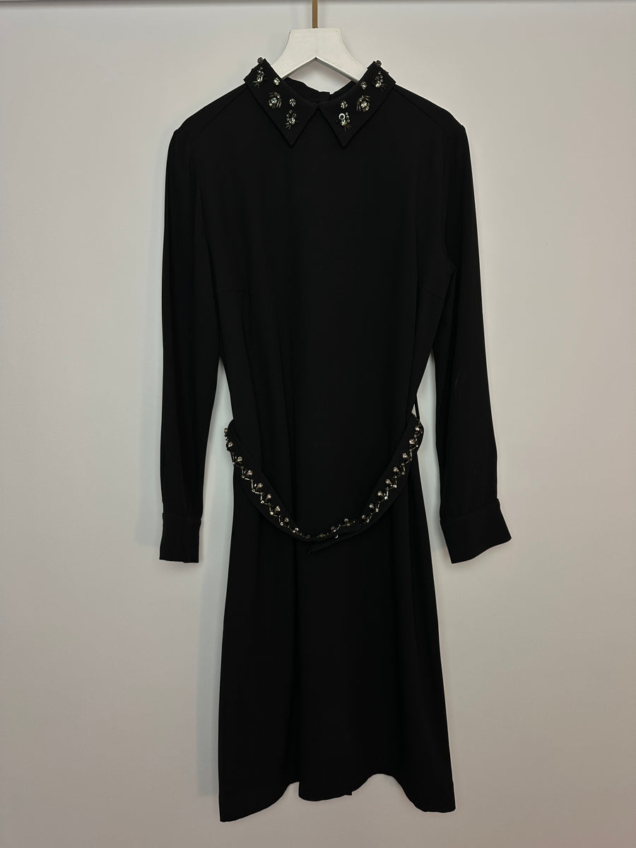 Prada Black Long Sleeve Midi Dress with Crystal Embellishment Details on Collar and Belt Size IT 42 (UK 10)