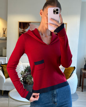 Chanel Deep Red Hooded Knit Jumper with Navy Trim and Small Patch Pocket Detail Size FR 40 (UK 12)