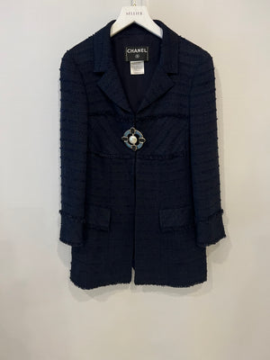 Chanel Paris Monte-Carlo Navy Tweed Long Jacket with Gripoix Pearl Details Size FR 38 (UK 10)