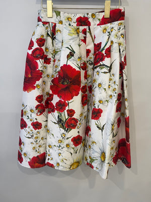 Dolce & Gabbana White and Red Poppy Printed Midi Skirt Size IT 42 (UK 10)