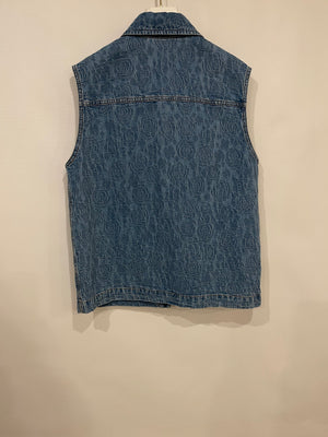 Chanel 23S Blue Denim Vest with CC, Camelia and Button Details Size FR 36 (UK 8)